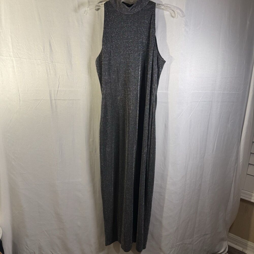 Vintage Datiani Metallic Silver Maxi Dress Sz 12 Sleeveless Mock Neck Gown Party